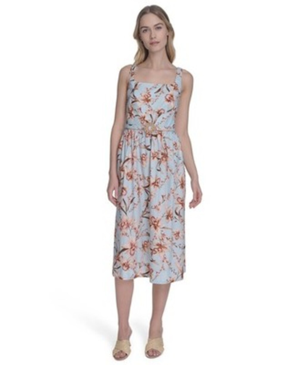 Eliza J Cotton Sleeveless Midi Dress Women's 10 Blue Multi Back Zip Closure
